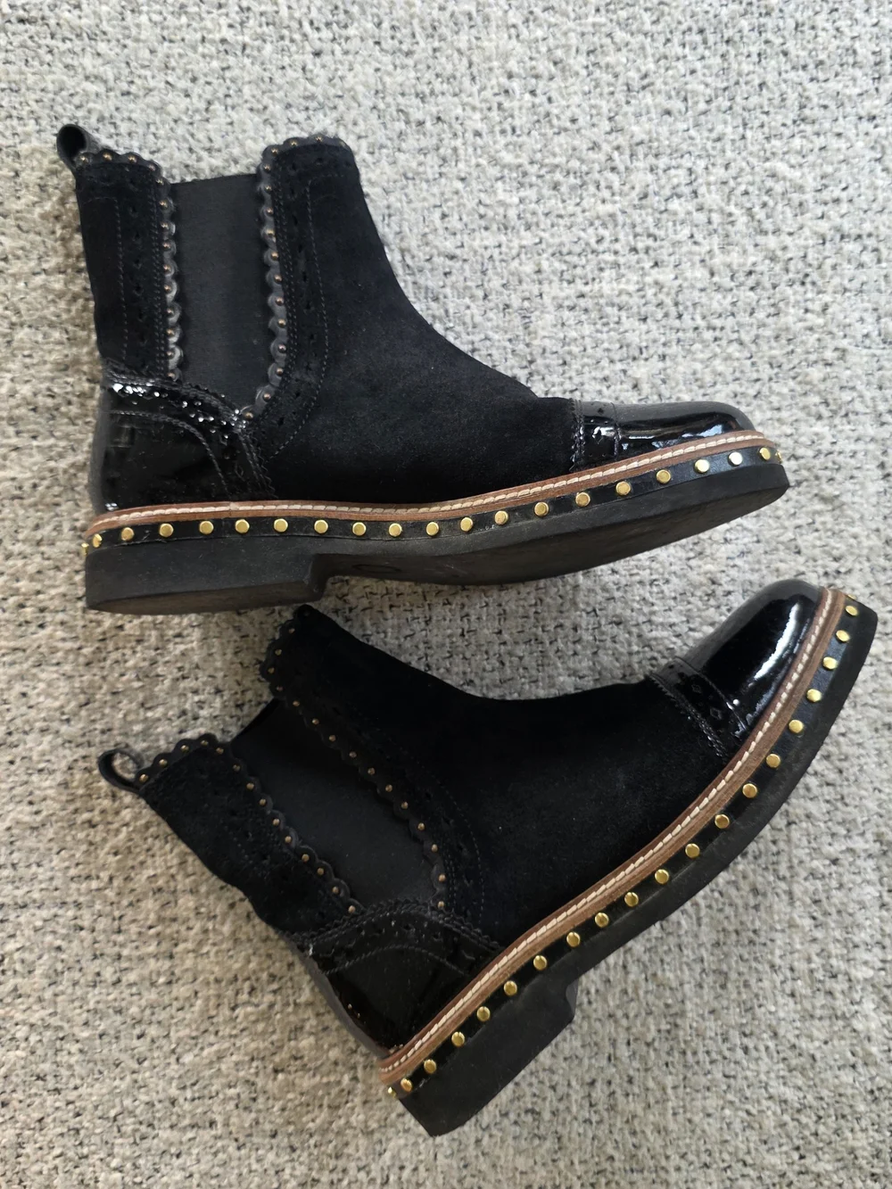 Free People Black Suede Patent Leather Studded Chelsea Ankle Boots 38/ Size 8